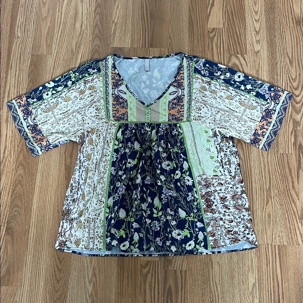 Floral Patchwork V-Neck Top